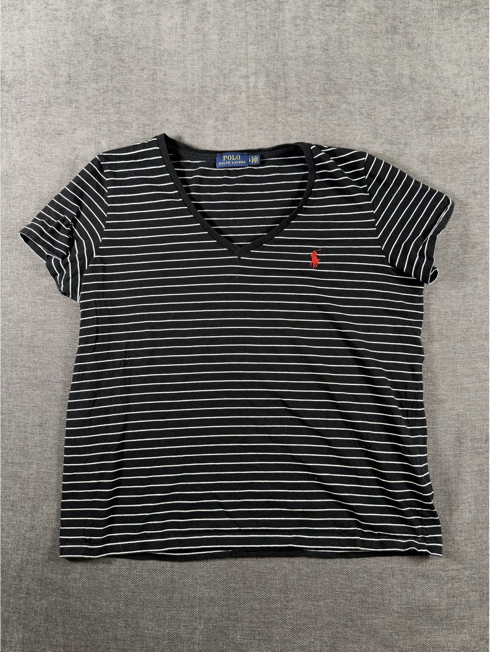 Polo Ralph Lauren Women's Black and White Striped V-Neck T-Shirt Size Large